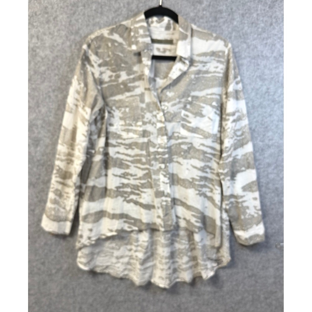 Enza Costa Womens Abstract Print High Low Button Down Shirt Grey White Pocket